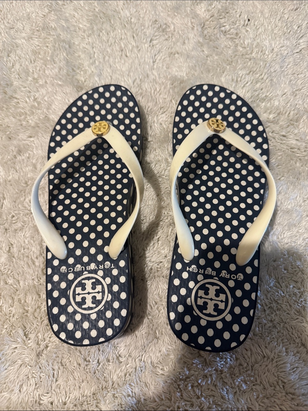 Tory Burch Navy Polka Dot Flip Flop Sandals with White Straps